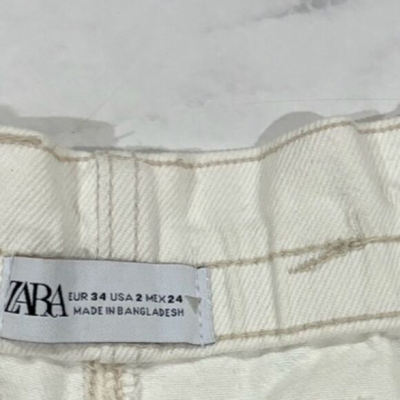 Zara Denim Shorts Patch Pocket Paper Bag Bermuda Mom Jean White High Rise Sz 2 - Picture 6 of 6
